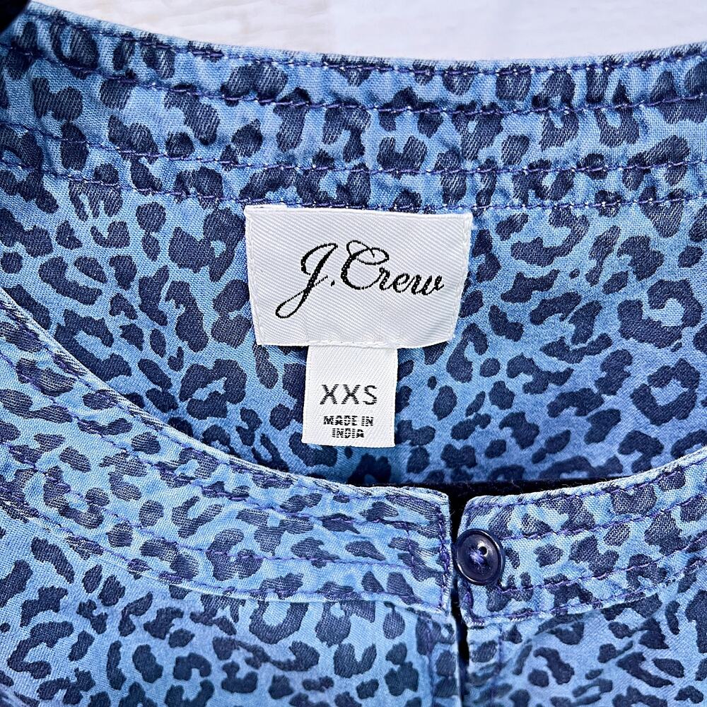 J CREW Cheetah Print Ruffle Top Blue Long Sleeves Woven Cotton Casual Womens XXS - Picture 5 of 6